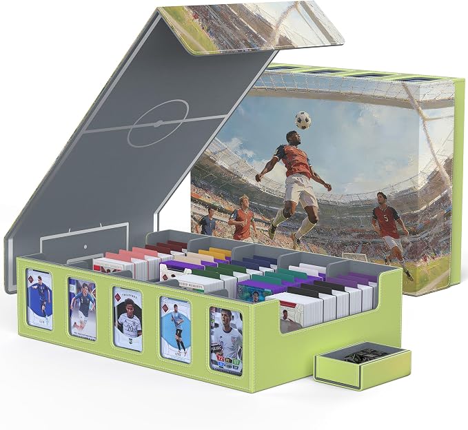 Kabinka Soccer Card Storage Box with Window Display, 5-Row Sport Card Storage Box, 3900+ Card Deck Box for Soccer Sports Card TCG, 5 Top Loaders, 5 Stoppers, 48 Dividers, 1 Dice Tray (Soccer 3)