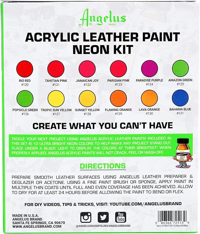 Angelus Neon Acrylic Leather Paint Set – 12 Vibrant Colors, 1 oz Each – Non-Toxic Leather, Canvas, Wood Paints for Customization and Crafting. Flexible, Mixable, Made In USA