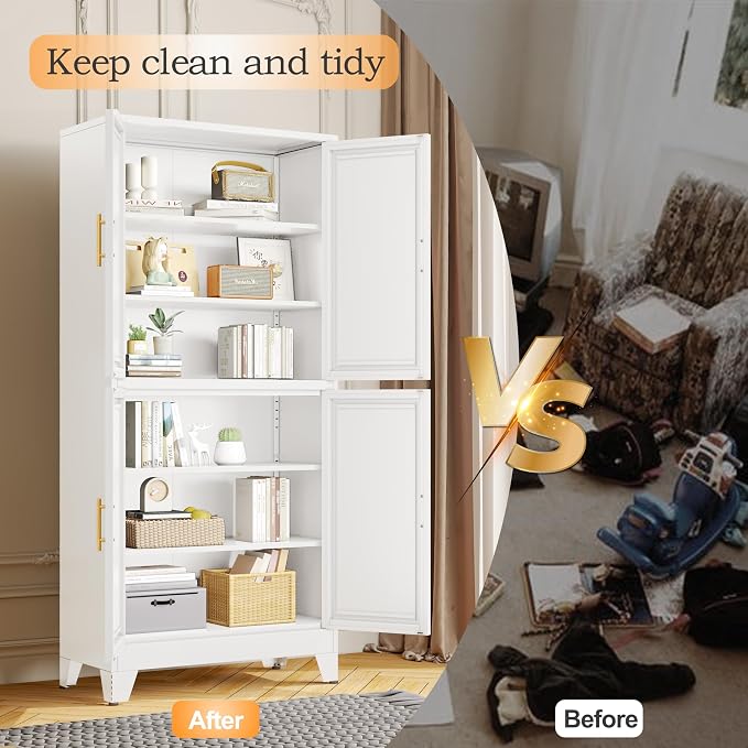 GAIOUS 75.2" Tall Metal Pantry Cabinet,White Kitchen Pantry Storage Cabinet | with 4 Doors and 4 Adjustable Shelves, Steel Storage Cabinets, Freestanding Cupboard for Kitchen Dining Living Room Bathroom