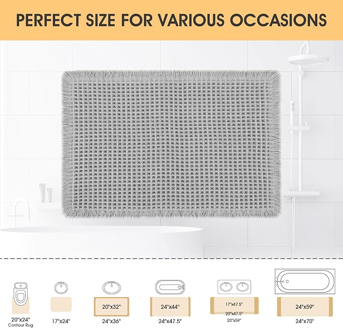 IM HOME Waffle Bath Mat Light Grey 32"x20", Boho Woven Modern Bath Mat Rugs, Absorbent Non Slip Bathroom Rugs, Soft Washable Bath Rugs with Tassels for Bathroom, Bedroom, Kitchen, Shower, Tub