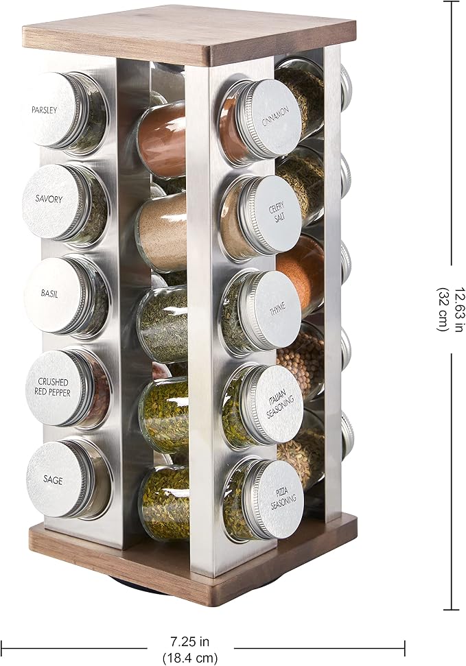 Kamenstein 20 Jar Vintage Revolving Countertop Spice Rack Organizer with Spices Included, FREE Spice Refills for 5 Years, Wood and Stainless Steel with Metal Caps (Pack of 2)