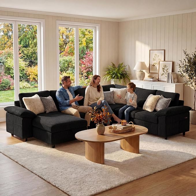 110 Inch Modular Sectional Sleeper Sofa with Pull Out Bed, U Shaped 7 Seat Cloud Modular Sectional Sofa with Storage, Corduroy Sectional Couches for Living Room, Removable Sofa Cover, Black
