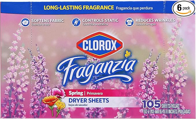 Clorox Fraganzia Fabric Softener Dryer Sheets, Wrinkle Reducing and Anti Static Laundry Dryer Sheets for Great Smelling Clothes, Softens Fabrics, Fresh Spring Scent, 105 Count - 6 Pack