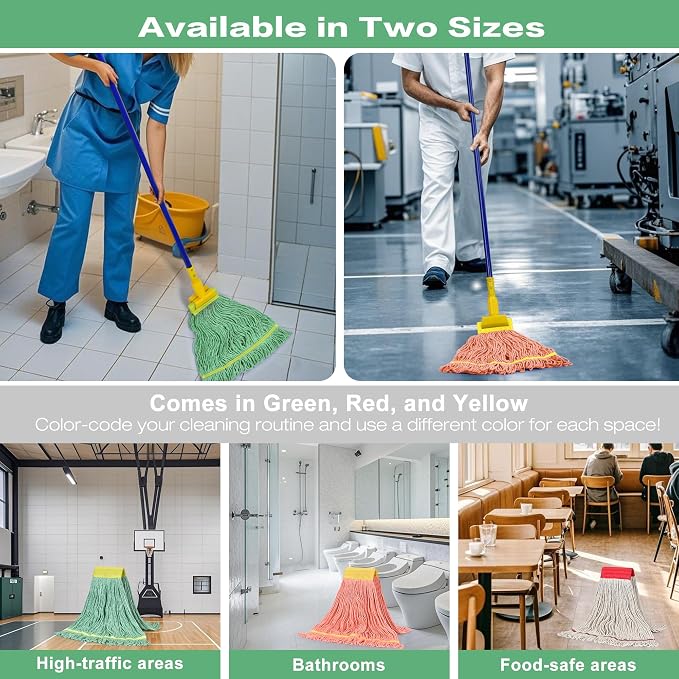 Matthew Cleaning 12Pcs 5'' Headband White&Orange&Green 24Oz Commercial String Mop Heads, Loop-End Mop Head Replacement, Heavy Duty Industrial Washable&Reusable Mop Refills for Residential& Warehouse