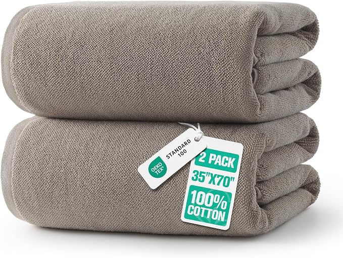 REDKISS 2 Piece Extra Large Bath Towels 35 x 70 Inches, Taupe | 100% Cotton Oversized Bath sheets, Super Soft Highly Absorbent & Quick Dry Shower Towel for Bathroom, Pool, Spa, Gym