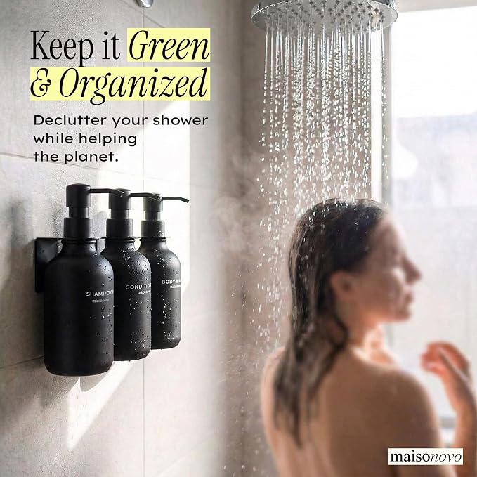 Shampoo and Conditioner Dispenser Wall Mounted Set of 3 Black - No Drill Shower Soap Dispenser for Bathroom Refillable - Spa Hotel Style Accessories by MaisoNovo | 500 ml Shower Gel Dispenser Set of 3. Refillable Shampoo and Conditioner Bottles. Drill ...