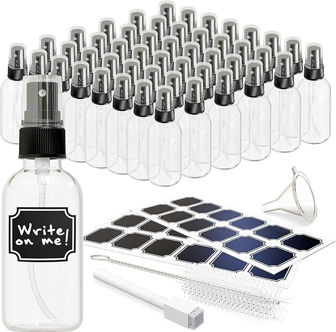 Nevlers Clear Glass Small Spray Bottle 2 Oz 48 Pack | Mini Travel Spray Bottle Set with Funnel, Brush, Marker & Labels | Face, Hair & Body Spritzer Bottles | Small Atomizer Mist Bottles for Perfume