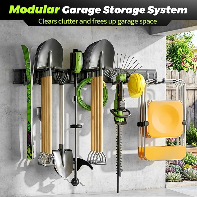 Garage Tool Organizer Wall Mount, 49.5 Inch Heavy Duty Garage Organization System with 10 Adjustable Hooks, Garden Tool Storage Rack for Garage, Yard & Shed, Holds Up to 400 lbs