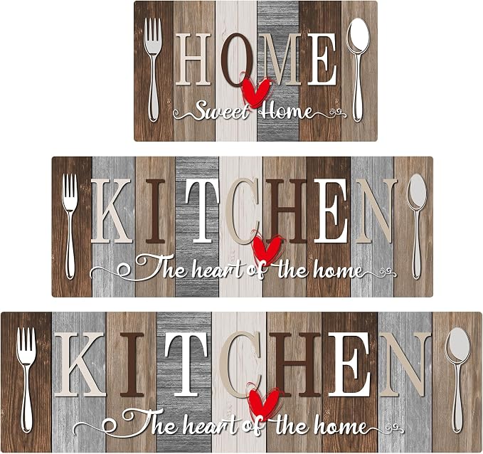 Kitchen Rugs Set 3 Piece, Non Slip Kitchen Mats for Floor, Soft Fabric with Rubber Backing, Farmhouse Anti Fatigue Runners Carpet for Home Kitchen Laundry Room Hallway (Rustic Brown & Grey)