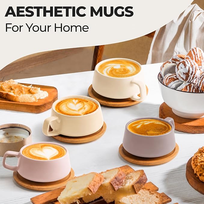 MIAMIO - Cappuccino Cup Set of 4, Ceramic Mugs (9.5oz) - Luxe (Cream Rose) | Ceramic cappuccino cups with saucers, wide latte cups and mugs for Americano, 4-piece set of ceramic cups - dishwasher safe