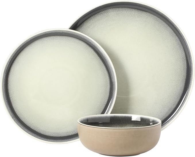 Gibson Elite Island Bay 12-Piece New Bone China Dinnerware Set Service for 4, Reactive Glaze Plates and Bowls, Dishwasher and Microwave Safe, Black and Cream