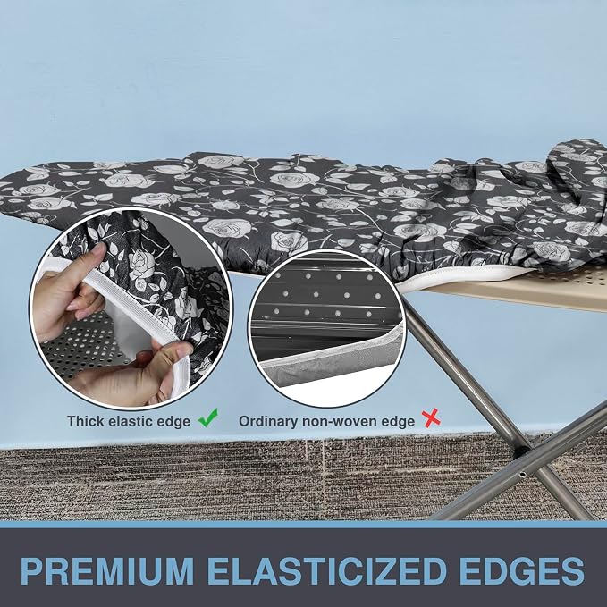VividPaw Ironing Board Cover and Pad, Standard Size 15x54, Thick Padding, Elastic Edge, Resist Scorching, Adjustable Fastener, Heavy Duty Floral Iron Board Covers (Rose)