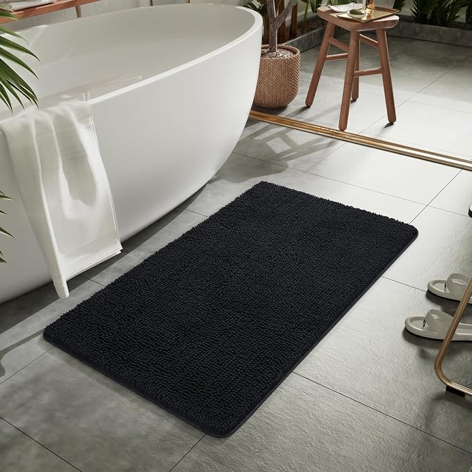 LOCHAS Luxury Bathroom Rug Shaggy Bath Mat 24 x 44 Inch, Black | Washable Non Slip Bath Rugs for Bathroom Shower, Soft Plush Chenille Absorbent Carpets