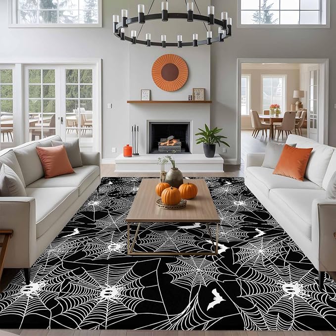 8 x 10 Ft Large Area Rug for Living Room, Halloween Indoor Accent Rugs for Bedroom, Black Scary White Bat Animal Net Geometric Decorative Modern Carpet Washable Low Pile Non Slip Rug for Dining Room