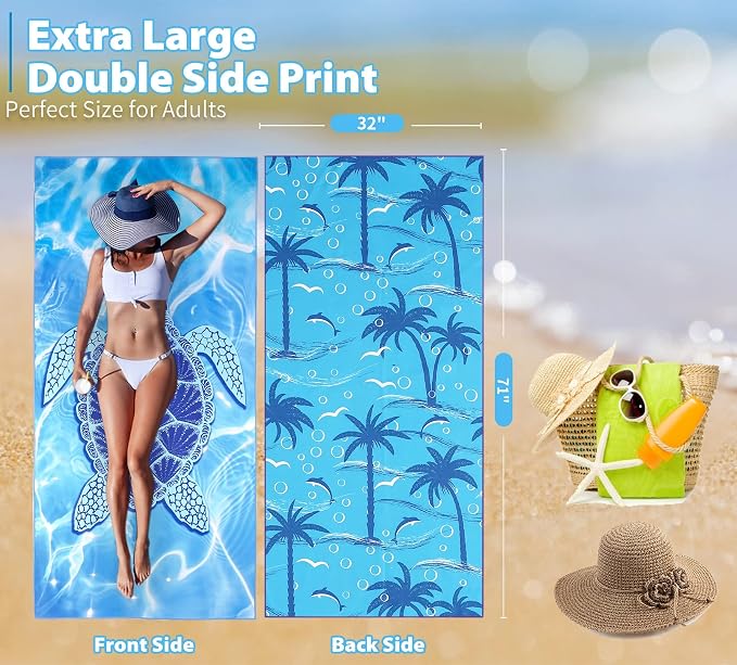 TwoYek Microfiber Beach Towel Extra Large 71x32 inches Blue Turtle Print | Thin & Lightweight, Oversized Sand Free Quick Dry Towels for Travel Pool Camping Sports Accessories Vacation Essentials Gift