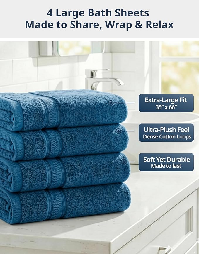 LANE LINEN Oversized Bath Towels - Zero Twist - Resists Pilling & Shedding - 4 Pack (35"x66") Extra Large Towel Sets - Soft, Fade Resistant & Quick Dry - Pre Shrunk to maintain perfect size - Sea Port
