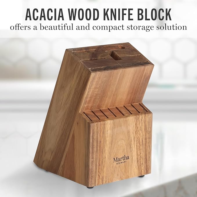 Martha Stewart Knife Block Set 16-Piece - Lockton High Carbon Stainless Steel Forged Full Tang Chef Knives, Acacia Wood Block, Triple Riveted Handles, Linen White & Gold