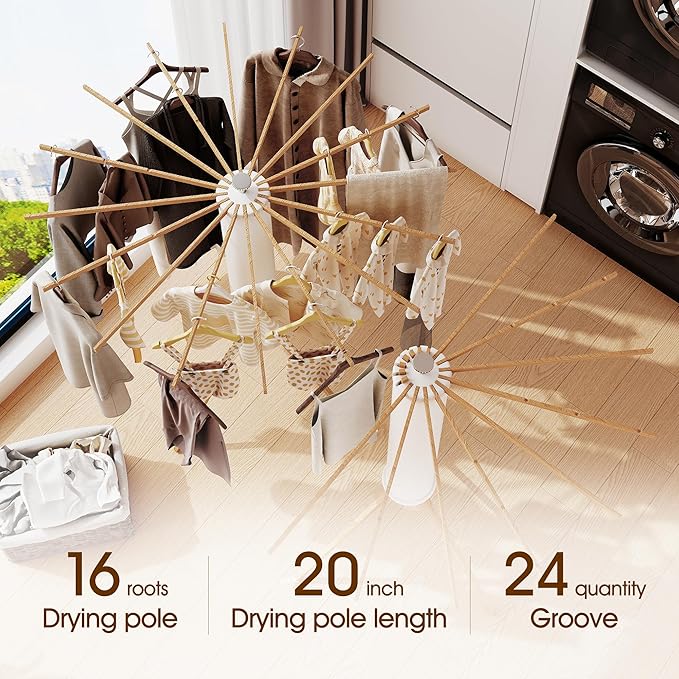 BOQORAD Clothes Drying Rack Foldable,Laundry Drying Rack,Drying Rack Clothing(16 Wood Poles),Clothes Hanger Rack,Laundry Rack Folding,Collapsible,Retractable