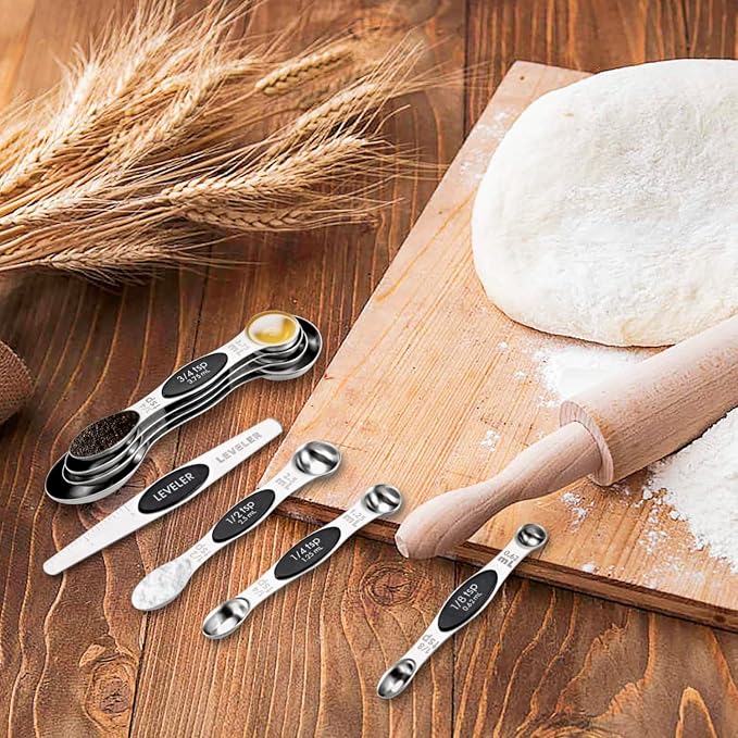 EDELIN Magnetic Measuring Cups and Spoons Set, Stainless Steel 7 cup and 7 spoon with 1 Leveler, 18/8 304 stainless steel (Black 15 sets)