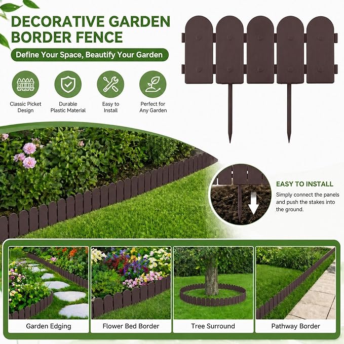 Garden Border Plastic Edging: Wooden Fence Design - 16pcs Brown Yard Landscaping Fence Liner Lawn Edge Barrier - 20ft Kit of Decorative Lawn Panels Elements -Landscaping Edging-GMT-10374-A16