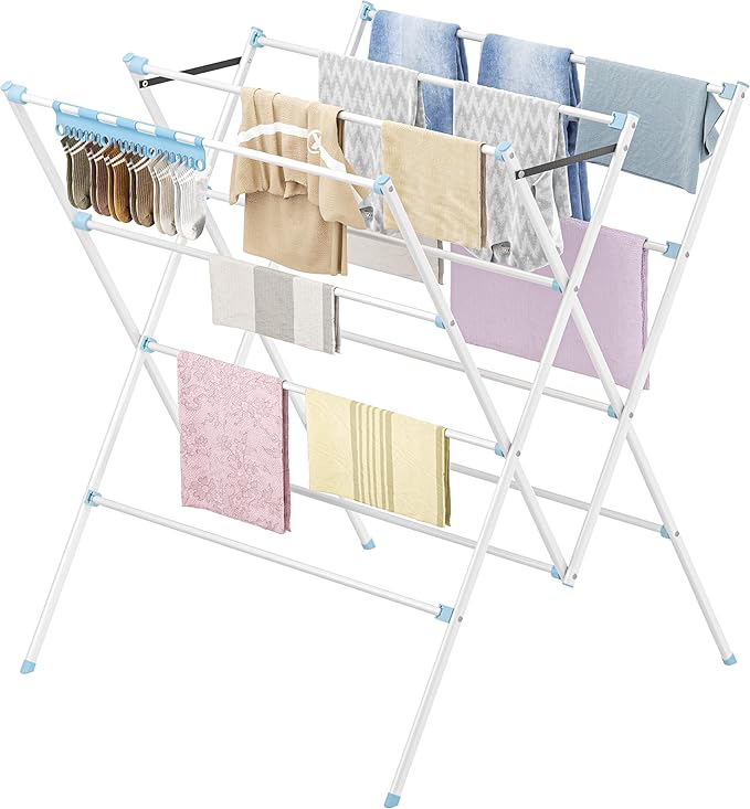 HOMIDEC Drying Rack Clothing,Large 12 Drying Poles with Sock Clips Clothes Drying Rack,Foldable Portable Laundry Drying Rack for Air Drying Clothing,Towels,Delicate Eac,Indoor Outdoor Use.White&Blue