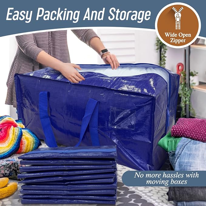 12 Pack Extra Heavy Duty Large Moving Bags with Strong Zipper, Blue | Comfortable Handles, Sturdy & Durable Clothes Storage Bags Totes Bins, Blue Packing Moving Boxes for College Supplies