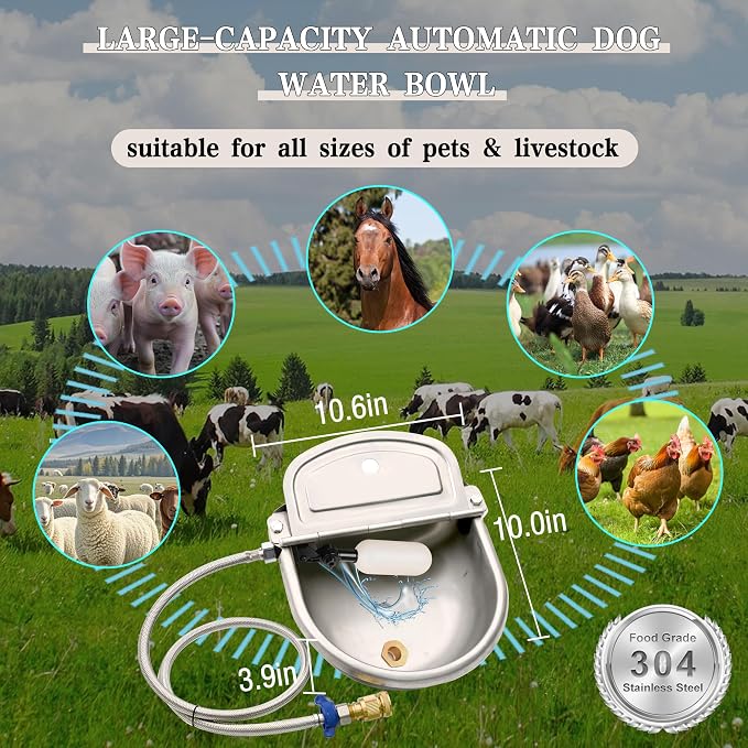 Automatic Dog Water Dispenser with Drain Hole & Drain Valve, Stainless Steel Auto Dog Water Bowl with Float Valve, Hose Quick Connect Fitting, for Livestock, Chicken, Horse (1 Gallon)