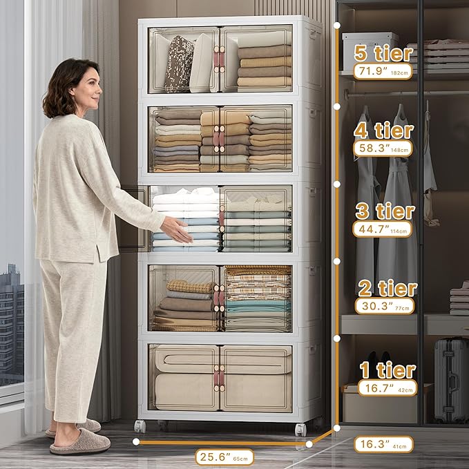 Stackable Storage Bins, 560QT Collapsible Drawers with 1 Lid | Large Capacity, Magnetic Door, Stack Lock, Rolling Wheels, Foldable Design, Organizers and Storage for Bedroom Dorm Garage