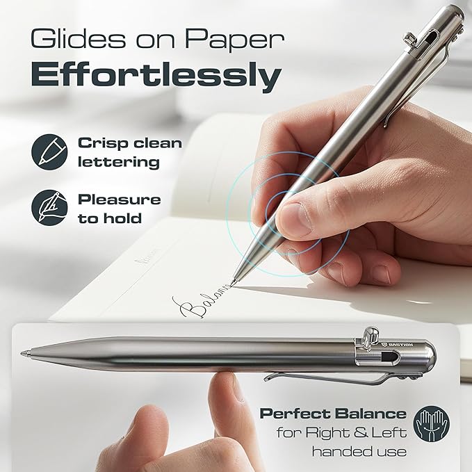 BASTION Bolt Action Pen, Stainless Steel Silver, HyperBolt & ZeroSeam EDC Pen, Refillable Metal Writing Pen, Premium Graduation Gift, Executive Pocket Pen