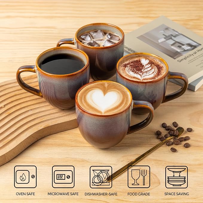 theterra Ceramic Coffee Mugs Set of 6, 12oz Handmade Coffee Cups with Handle for Latte, Tea, Milk, Beer, Hot Cocoa, Dusk Blue