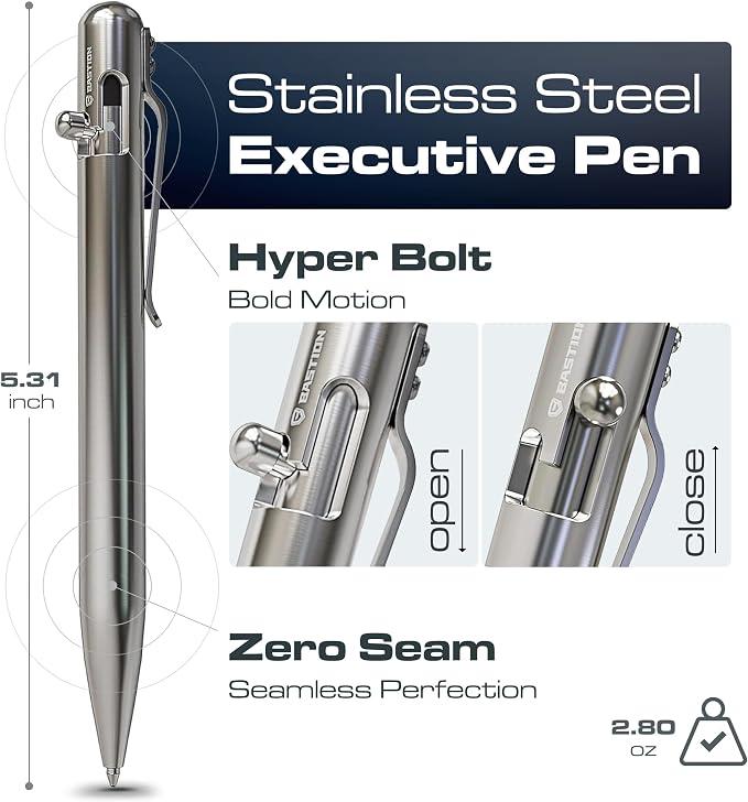 BASTION Bolt Action Pen, Stainless Steel Silver, HyperBolt & ZeroSeam EDC Pen, Refillable Metal Writing Pen, Premium Graduation Gift, Executive Pocket Pen