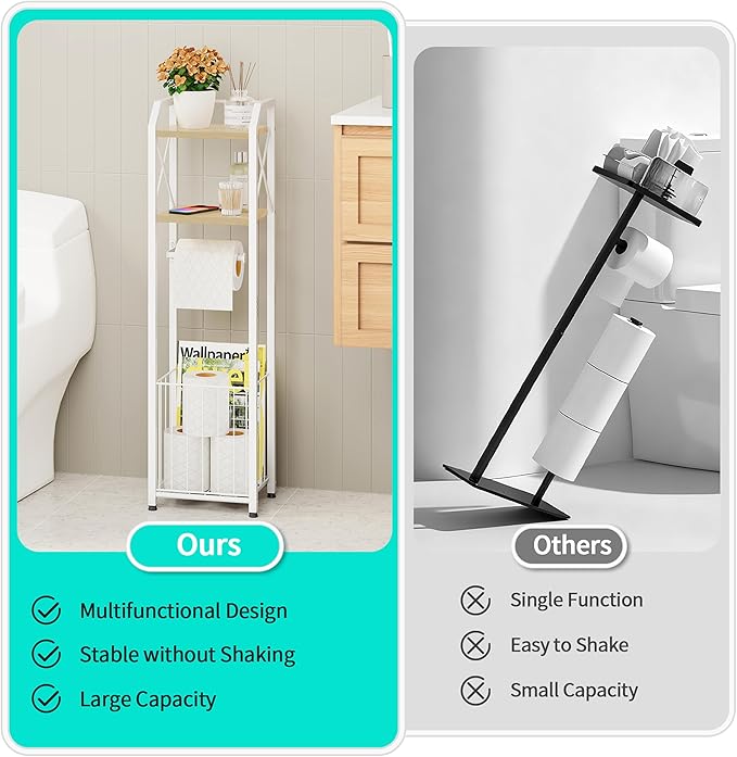 HapiRm Freestanding Toilet Paper Holder - 4-Tier Bathroom Tissue Organizer with Wood Shelves and Large Basket, Toilet Paper Holder Stand for Bathroom, Laundry Room, Apartment - White（Small）