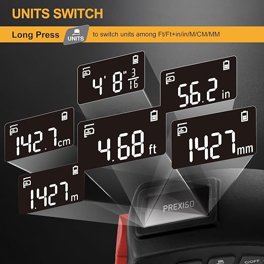 PREXISO 2-in-1 Digital Tape Measure - 16Ft Rechargeable Digital Measuring Tape Ruler Ft/Ft+in/in/M/CM/MM Unit, Metric & Inches Retractable Measurement Tape Tools, Auto Lock, Pythagorean, Area, Volume