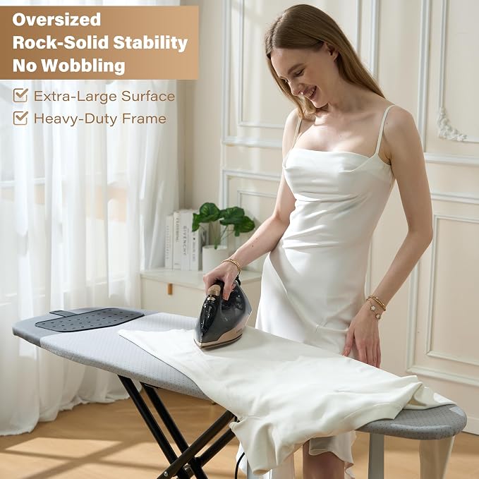 veiox Full Size Ironing Board 54''x18'',Heavy-Duty Stable | No wobble or tipping,Thicken Heat Resistant Cover,Smooth gliding,7 heights adjustable,Ideal for home, dorm, or apartment
