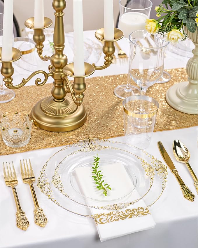 Nervure 350PCS Clear Gold Plastic Plates - Gold Plastic Dinnerware Sets for 50 Guests - 100 Disposable Plates, 150 Silverware, 50 Cups, 50 Napkins for Wedding & Party