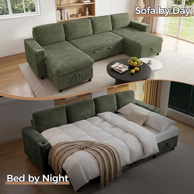 U-Shaped Couch with Pull-Out Bed. Sectional Sleeper Sofa, Green | Hidden Storage, USB & Type-C Port, Cup Holders, Cloud Corduroy, Modular Design for Living Room, Apartment, Easy Assembly