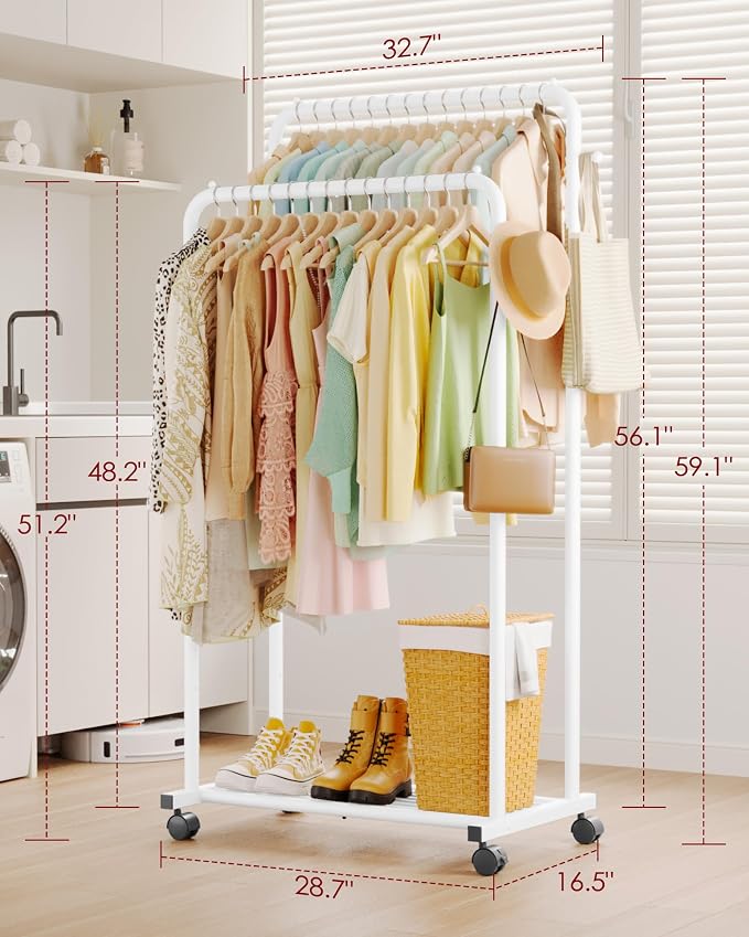 Sakugi Clothes Rack - Double Rods Clothing Rack with Mesh Shelf, Hooks & Wheels, Metal Clothing Racks for Hanging Clothes & Bags, Multifunctional Garment Rack for Laundry, White, 28.7" x 16.5" x 59.1"