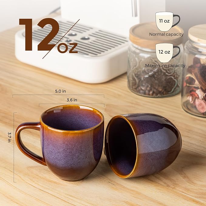 theterra Ceramic Coffee Mugs Set of 6, 12oz Handmade Coffee Cups with Handle for Latte, Tea, Milk, Beer, Hot Cocoa, Amber Amethyst