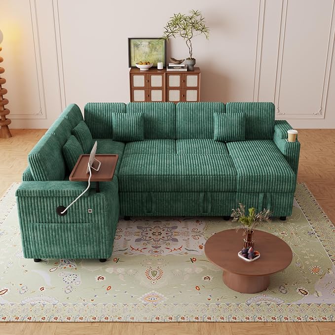 L-Shaped Sectional Sleeper Sofa with Pull Out Bed, Green | Plush Corduroy, Reclining Backrest, Storage Chaise, Usb Ports, Cup Holders & Table – Modular Cloud Couch for Living Room
