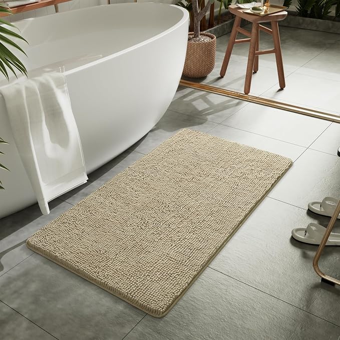 LOCHAS Luxury Bathroom Rug Shaggy Bath Mat 24 x 44 Inch, Beige | Washable Non Slip Bath Rugs for Bathroom Shower, Soft Plush Chenille Absorbent Carpets
