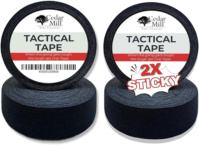 Cedar Mill Magazine Gun Tape 2-Pack Regular + 2-Pack Sticky – Water-Resistant Gun Grip Tape for Rifles, Pistols & Shotguns – Non-Reflective, No Residue, Durable Poly Cotton Wrap – 4-Pack