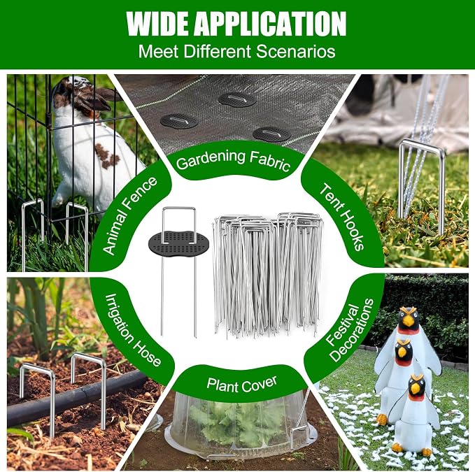 Landscape Fabric Staples with Rubber Hammer,6Inch 50pcs Galvanized Garden Pegs+ 50pcs Gaskets + Pick Hook + Gloves,Anti-Rust,U-Shaped Lawn Spikes,Yard Turf Pins for Weed Barrier,Ground Grass Cover
