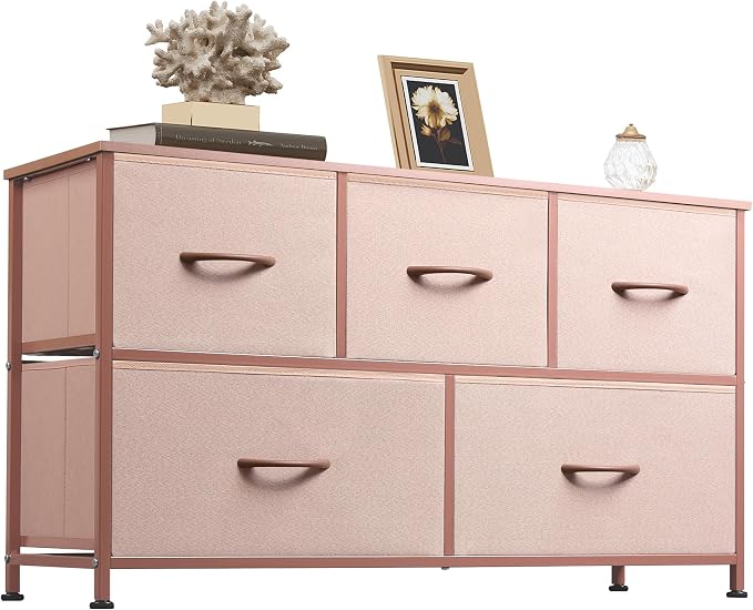 WLIVE Wide Dresser for Bedroom, 5 Drawer Chest of Drawers, Pink | 5 roomy fabric drawers, Wide storage design, Bedroom or closet use, Sturdy steel frame, Smooth wood tabletop