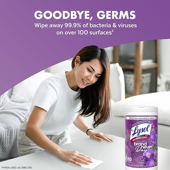 LYSOL Disinfecting Wipes, All Purpose Cleaner, Multi-Surface Antibacterial Cleaning Wipes, Household Cleaning Supplies, Dorm Essentials, Lavender & Cotton Blossom Scent, 80 ct.