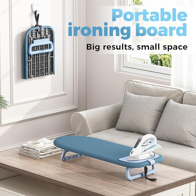 KINGBOARD Tabletop Ironing Board, Small Ironing Board with Iron Mat, Foldable Mini Iron Board, Easy Storage for Travel & Dorm, 12x32 Blue