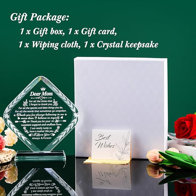 Movdyka Gifts for Mom, Crystal Engraved Keepsakes Plaque, Mom Gifts from Daughter Son Best Birthday Gifts for Mom Mothers Day Valentines Gifts for My Mom Christmas Anniversary Presents for Mother