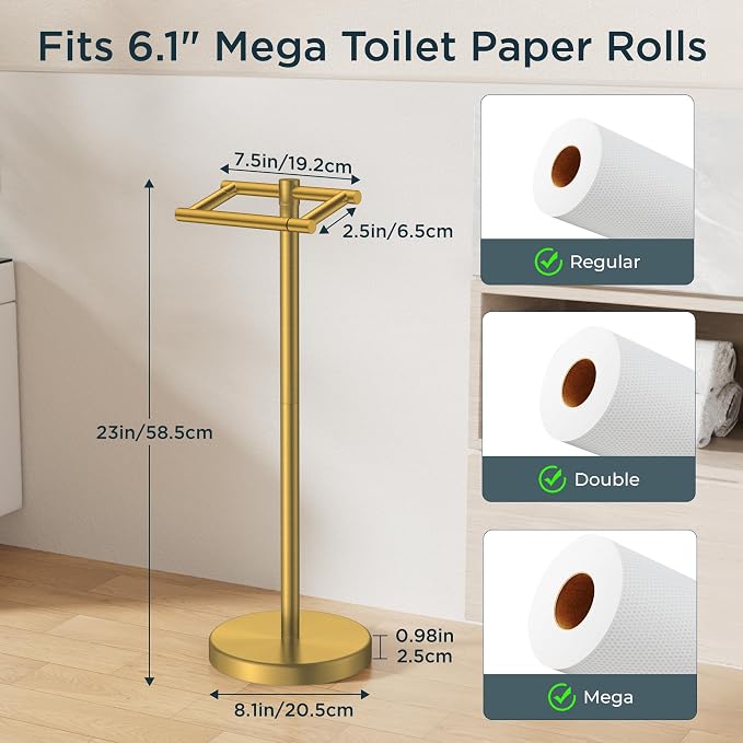 FORIOUS Toilet Paper Holder Wall Mount, Stainless Steel Rustproof Double Post Pivoting Tissue Roll Holder for Bathroom, Commercial Toilet Paper Dispenser Toilet Paper Stand, Brushed Gold