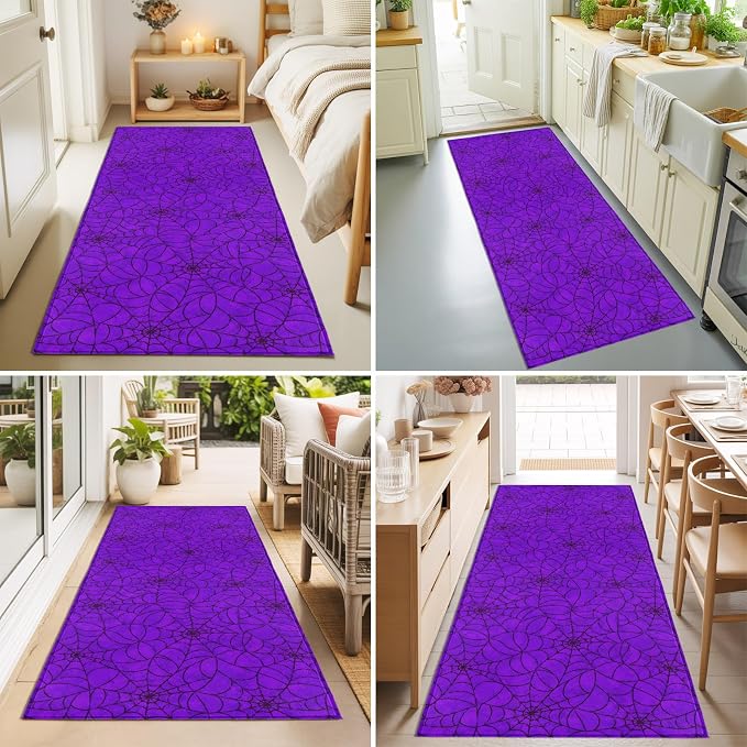 Hallway Runner Rug 2'x6', Purple Halloween Washable Bathroom Area Rugs for Kitchen Bedroom Laundry, Black Spiders Net Classic Gingham Non Slip Door Mat Indoor Entrance Floor Throw Bedsides Carpet