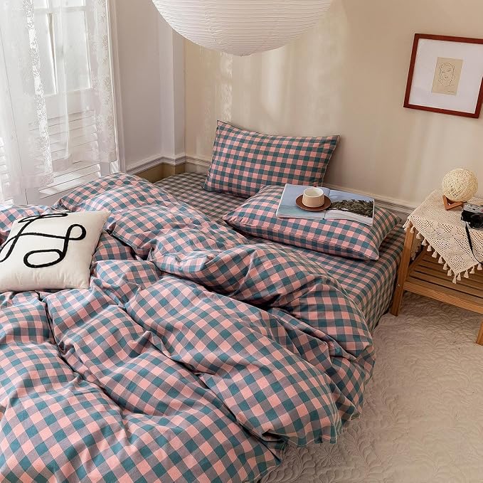 mixinni Pink Blue Purple Checkered Duvet Cover Set - Full Size, 3-Piece 100% Cotton Bedding Set, Soft & Breathable Geometric Plaid with Zipper Closure, Reversible Comforter Cover for All Seasons