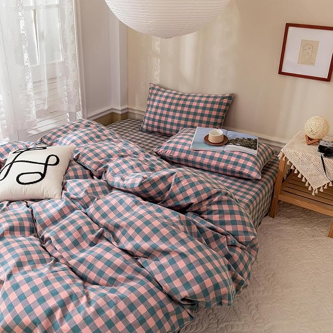 mixinni Plaid Duvet Cover Set Twin Purple - Soft Washed Cotton Modern Geometric Bedding Set with 2 Pillowcases, Pink Blue Gingham Grid Twin Duvet Cover for Men & Women, Soft & Lightweight